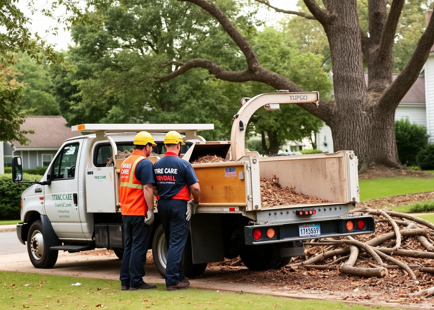 Tree care team unloading branches into a chipper on a residential job site