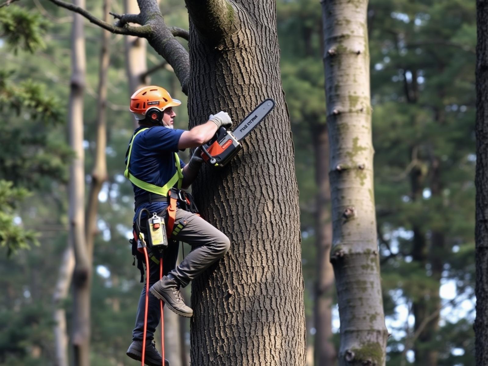 Certified arborist working high in a tree with full safety gear